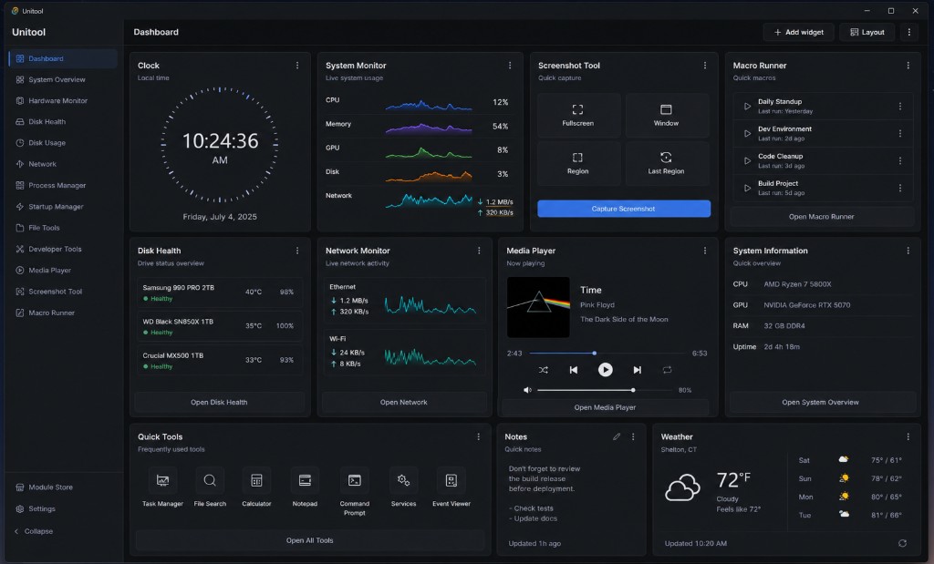 Unitool dashboard showing system monitor, disk health, screenshot tool, and other utility widgets